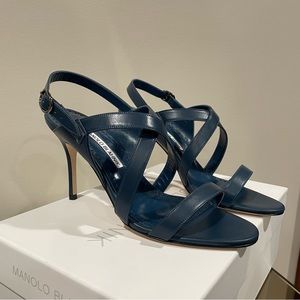 Manolo Blahnik 90mm Blue Leather Strappy Sandal Heels SINGANU 37.5 NEW $925